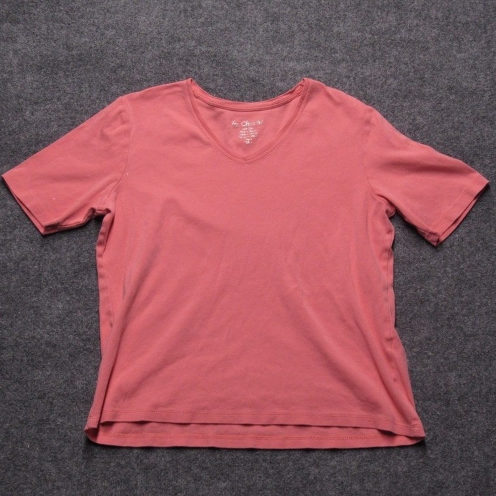 Chicos V-Neck T-Shirt Coral Pink Short Sleeve 100% Cotton Top Size 1
